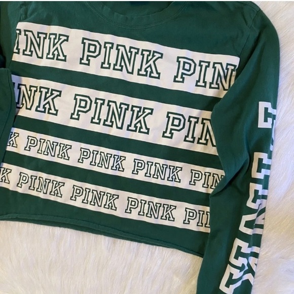 LN! PINK Victoria's Secret Print Green Long Sleeve Semi-Crop Boxy Tee - Picture 3 of 6